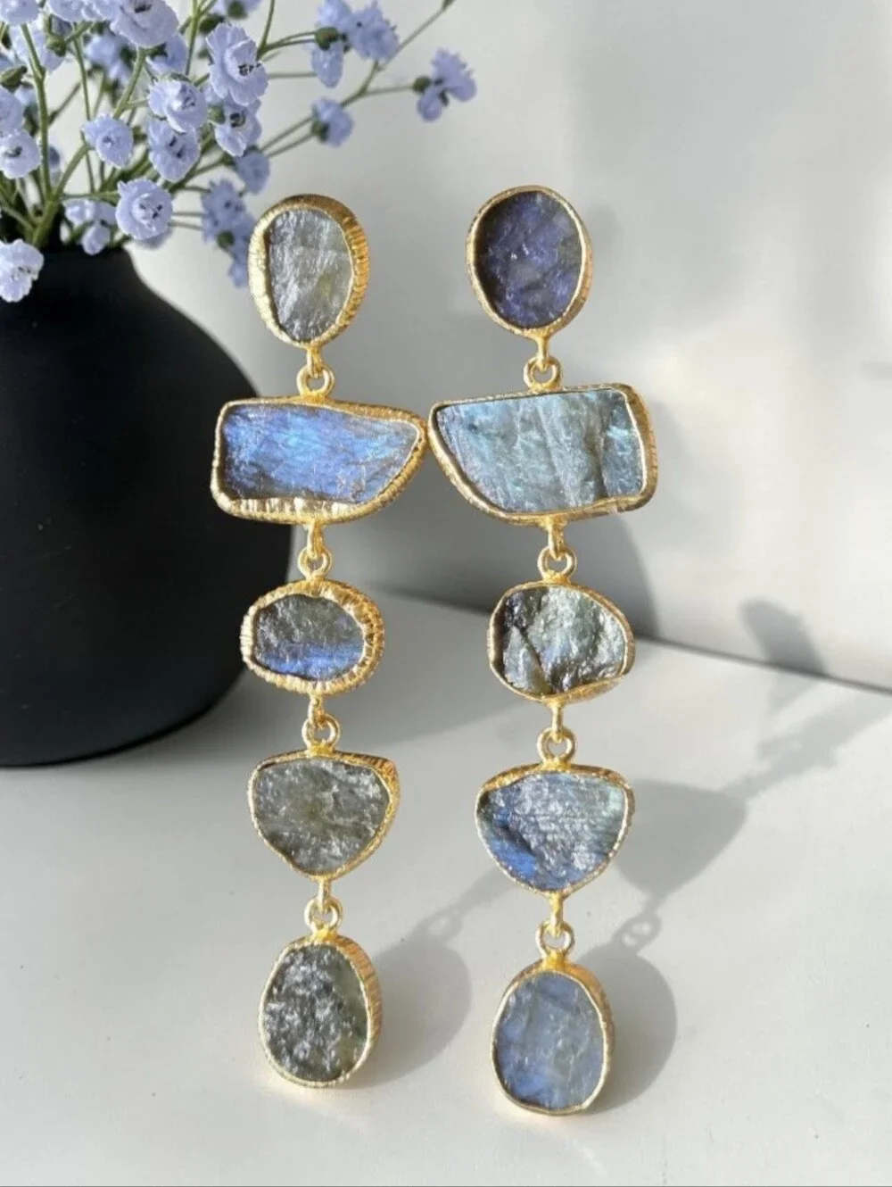 22k Gold Plated Fabulous Genuine Raw Labradorite Stone Crystal Dangle Earrings